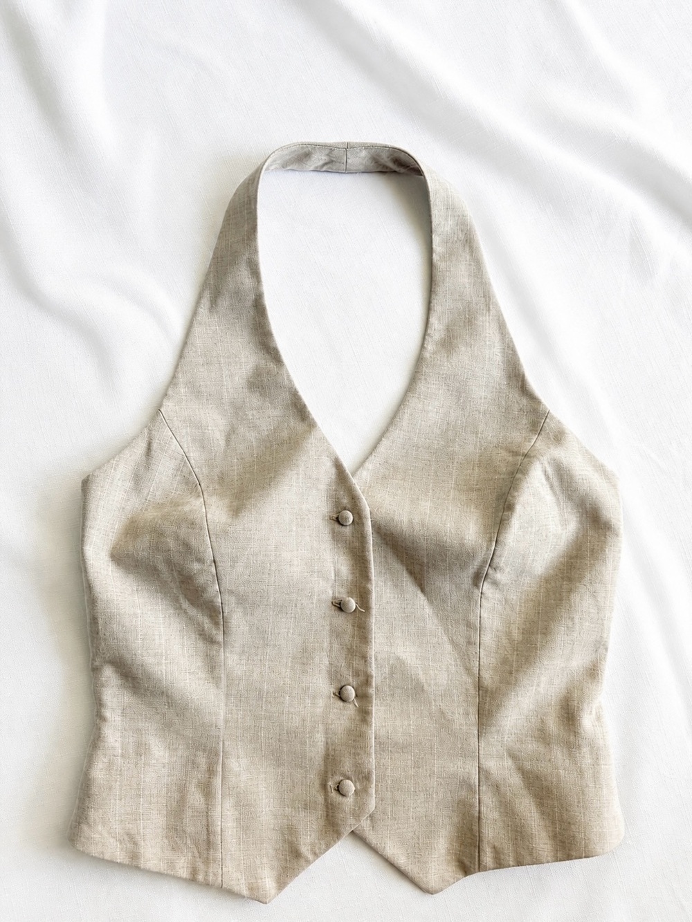 Mango Beige Linen Blend Halter Vest Top Size XS Minimalist Button Front